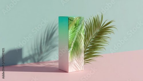 Pastel-toned product display with tropical foliage