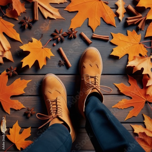 Top view of man and woman legs in brown shoes on wooden background with autumn leaves.