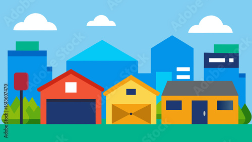 Charming flat suburban skyline with mailboxes garages and lush trees