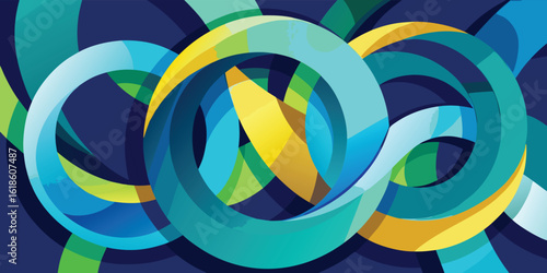 A colorful painting composed of various blue, yellow, and green shapes in an abstract style..eps