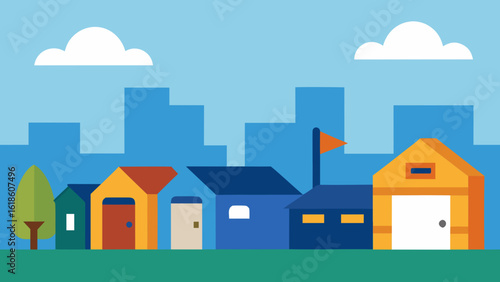 Charming flat suburban skyline with mailboxes garages and lush trees