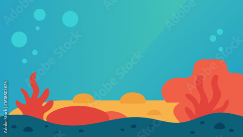 Vibrant flat underwater scene with colorful coral rocks and sun rays