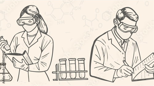 Illustration of two scientists in lab coats wearing safety goggles and masks doing research work | editable eps vectors silhouette