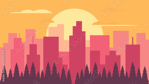 Vibrant flat urban skyline during sunrise with yellow and pink hues
