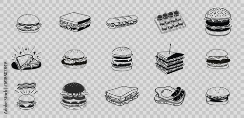 Collection of delicious burger and sandwich icons isolated on white background isolated on transparent background