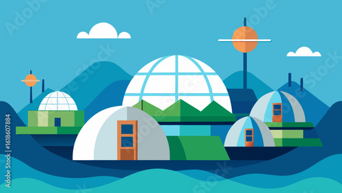 Sustainable futuristic eco village featuring domes and solar panels