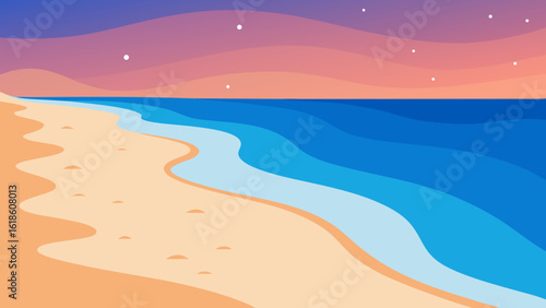 Serene gentle waves lapping against a sandy shore at tranquil dusk