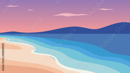 Serene gentle waves lapping against a sandy shore at tranquil dusk