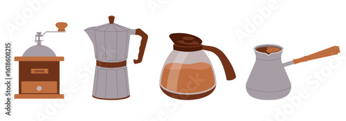 Coffee set. Set of coffee maker, cezve, coffee grinder, jug.