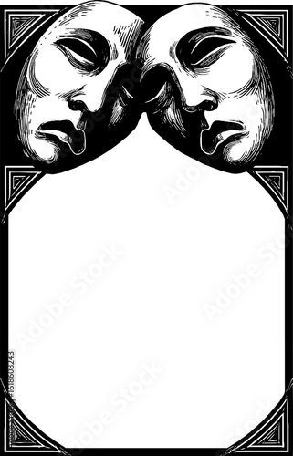 Abstract frame with dramatic masks in corners for theatrical or artistic design