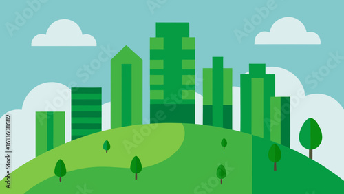Harmonious green hills rolling in front of modern skyscrapers