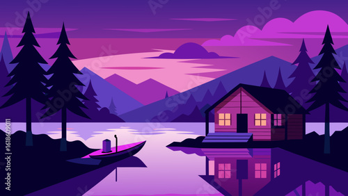 Cozy lakeside cabin at dusk with a canoe dock and towering pine trees