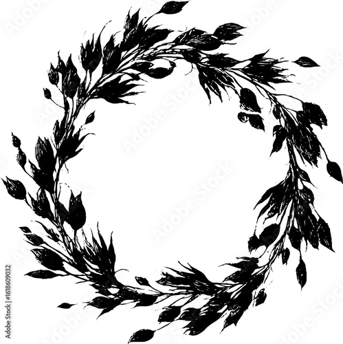 Abstract circular frame of rotting foliage and seeds for artistic design