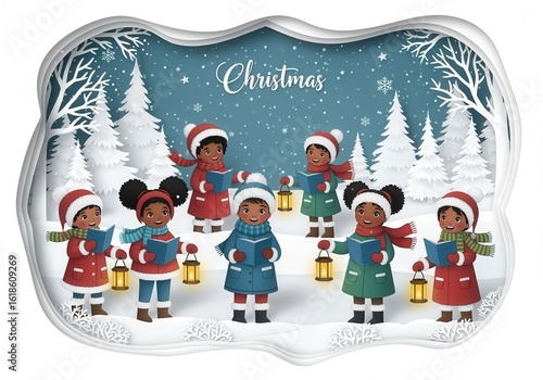 Festive children singing carol in winter wonderland, Christmas celebration