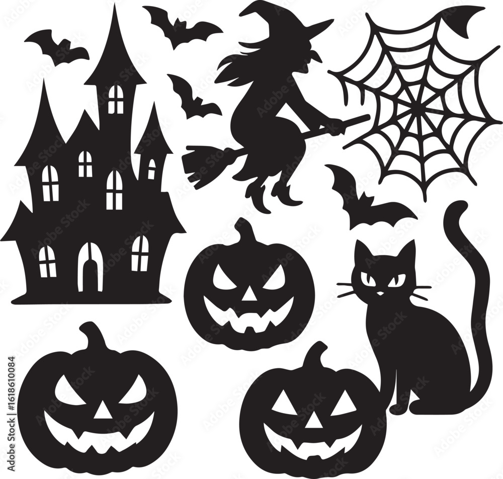 Fototapeta premium Halloween black silhouette vector elements set