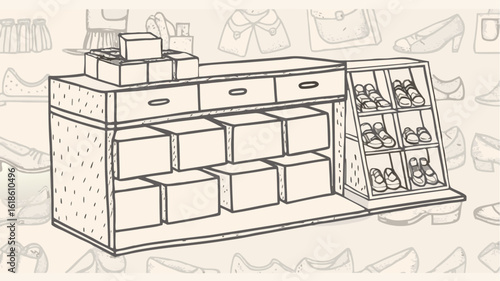 Illustration of a shoe store counter with boxes and shoes on display in a cartoon style image | editable eps vectors silhouette
