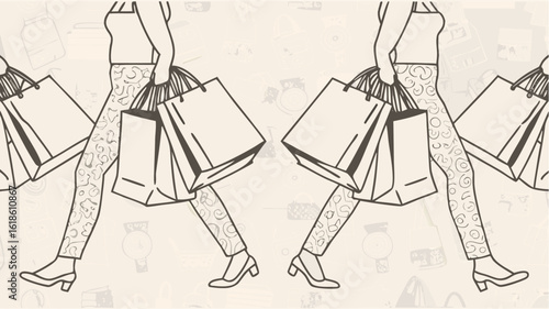 Two women walking with shopping bags in a repetitive pattern line art illustration style design vector | editable eps vectors silhouette