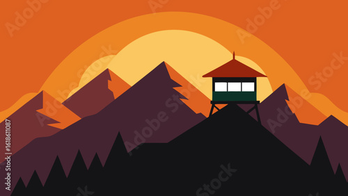 Mountain with a Fire Lookout Tower on Top at Golden Sunset View