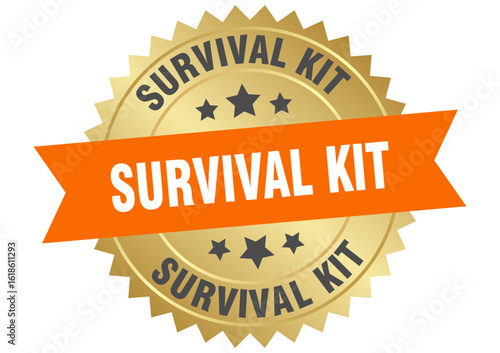 survival kit. survival kit round orange and gold label isolated on transparent background