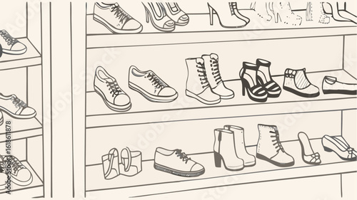 Illustration of a shoe rack filled with various types of footwear on multiple shelves neatly arranged | editable eps vectors silhouette