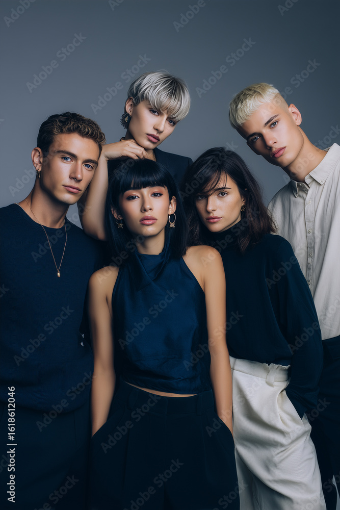 Stylish diverse young adults posing together in modern fashion with confident expressions on neutral background Stylish diverse young adults posing together in modern fashion with confident expressions on neutral background