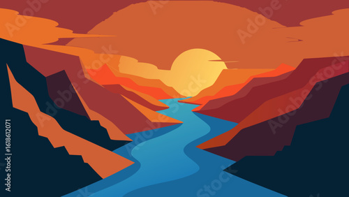 River Flowing Through a Rocky Gorge at Golden Sunrise Majestic View