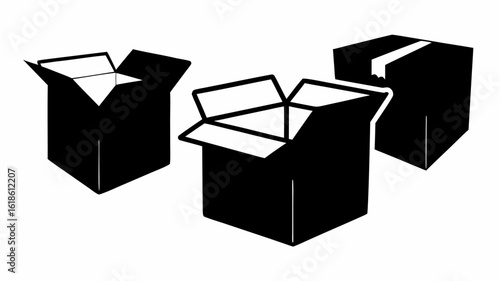 Three black and white cardboard boxes, two open and one closed, arranged on a white background space | editable eps vectors silhouette