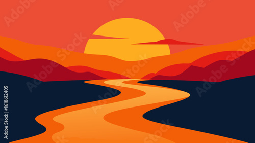 River Reflecting the Fiery Colors of a Golden Sunrise Majestic Scene