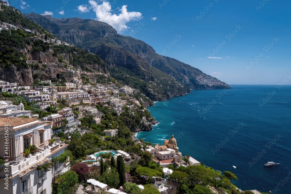 Naklejka premium Coastal town nestled in a mountainside overlooking the ocean