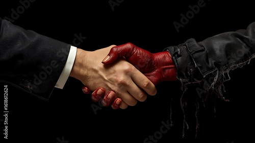 A handshake between a business man and a bloody hand on a black background in a studio setting