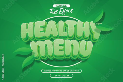Healthy menu editable text effect with 3d green cartoon text style