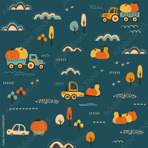 Kids seamless pattern with pumpkins, harvest, agricultural machinery