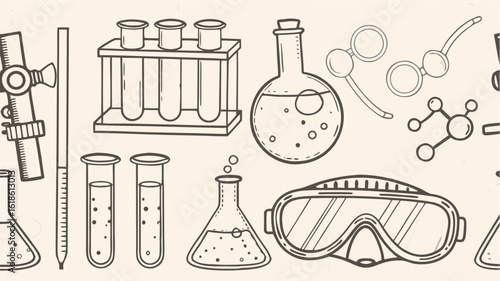 Illustration of laboratory equipment including beakers test tubes flasks and safety goggles in line art | editable eps vectors silhouette