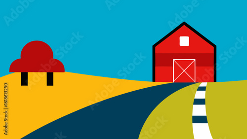 Small Home on a Road with a Large Red Barn Classic Rural Landscape