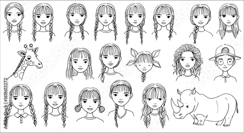 Diverse collection of outline cartoon portraits featuring girls with various braided and straight hairstyles, a boy in a cap, a detailed giraffe, and a rhinoceros, perfect for coloring.