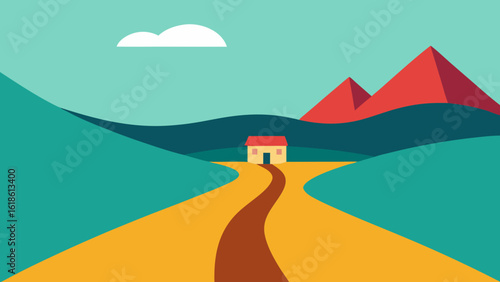 Small House on a Road in a Valley with Mountains Majestic View