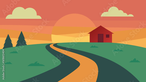 Small Home on a Road in a Wide Open Grassy Plain Peaceful Landscape