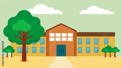 School Courtyard with a Single Large Tree Providing Shade and Beauty