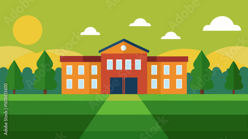 Large Green Lawn in Front of a School Building on a Sunny Day Outdoor Space