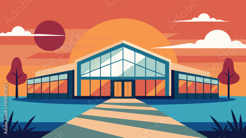 Large Glass Atrium at a School Building During Golden Sunrise Modern Design