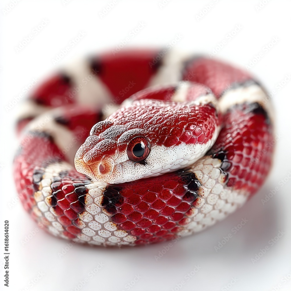 Fototapeta premium Red and White Snake Coiled on White Background