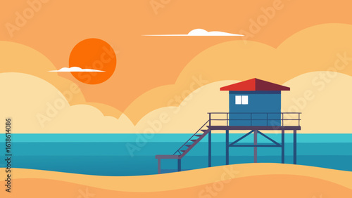 Lifeguard Tower Standing Tall on a Sea Beach at Golden Sunset Safety View