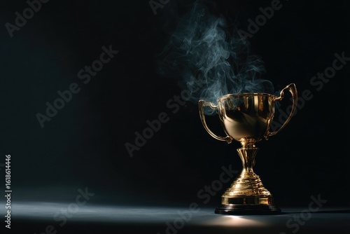 A gold trophy sits on a dark surface, emanating wispy smoke, suggesting recent victory or accomplishment, bathed in dramatic low-key lighting