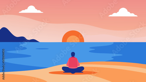 Peaceful Sea Beach with Lone Figure Meditating at Sunrise