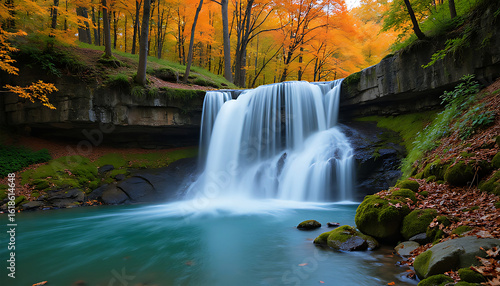 Majestic waterfall cascades through autumn forest with vibrant orange and yellow leaves