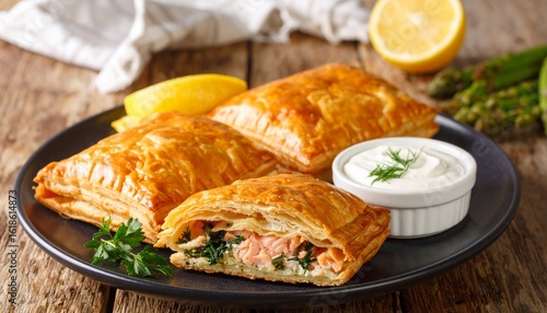 Savory homemade salmon puff pastry parcels filled with spinach and served with a creamy dill sauce and lemon.