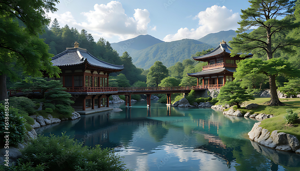 Fototapeta premium Serene asian garden with traditional architecture and tranquil waterway