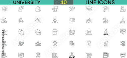 University Line Icons Set for Education and Academic Projects, collection of 40 university line icons designed for education, academic, and student-related projects,university, students, books