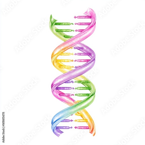 Colorful Watercolor DNA Molecule Structure Isolated on White Background, Science