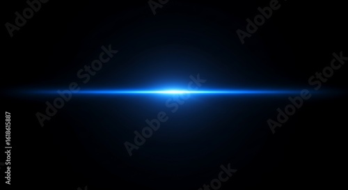 A bright blue lens flare glows against a black background